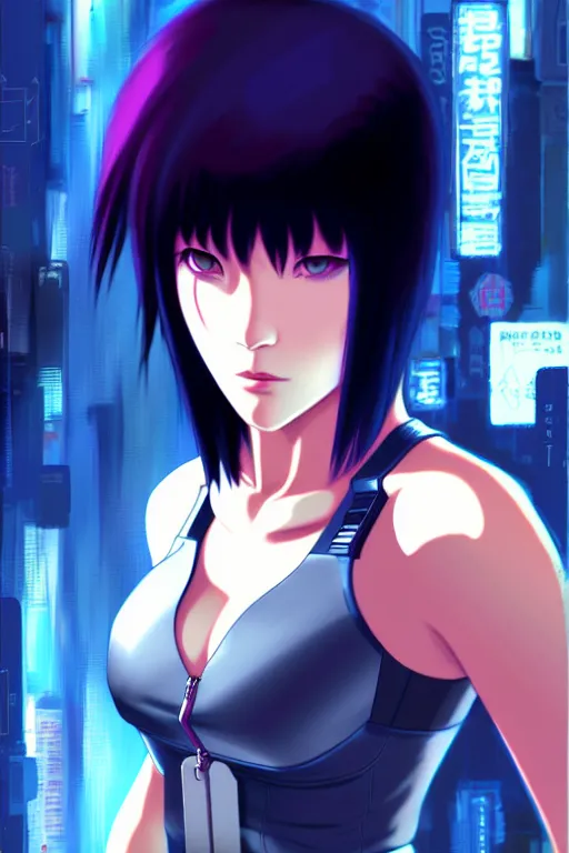 Image similar to a still fullbody portrait of motoko kusanagi ghost in the shell, finely detailed features, closeup at the faces, perfect art, at a cyberpunk city, gapmoe yandere grimdark, trending on pixiv fanbox, by ilya kuvshinov, rossdraws, artgerm