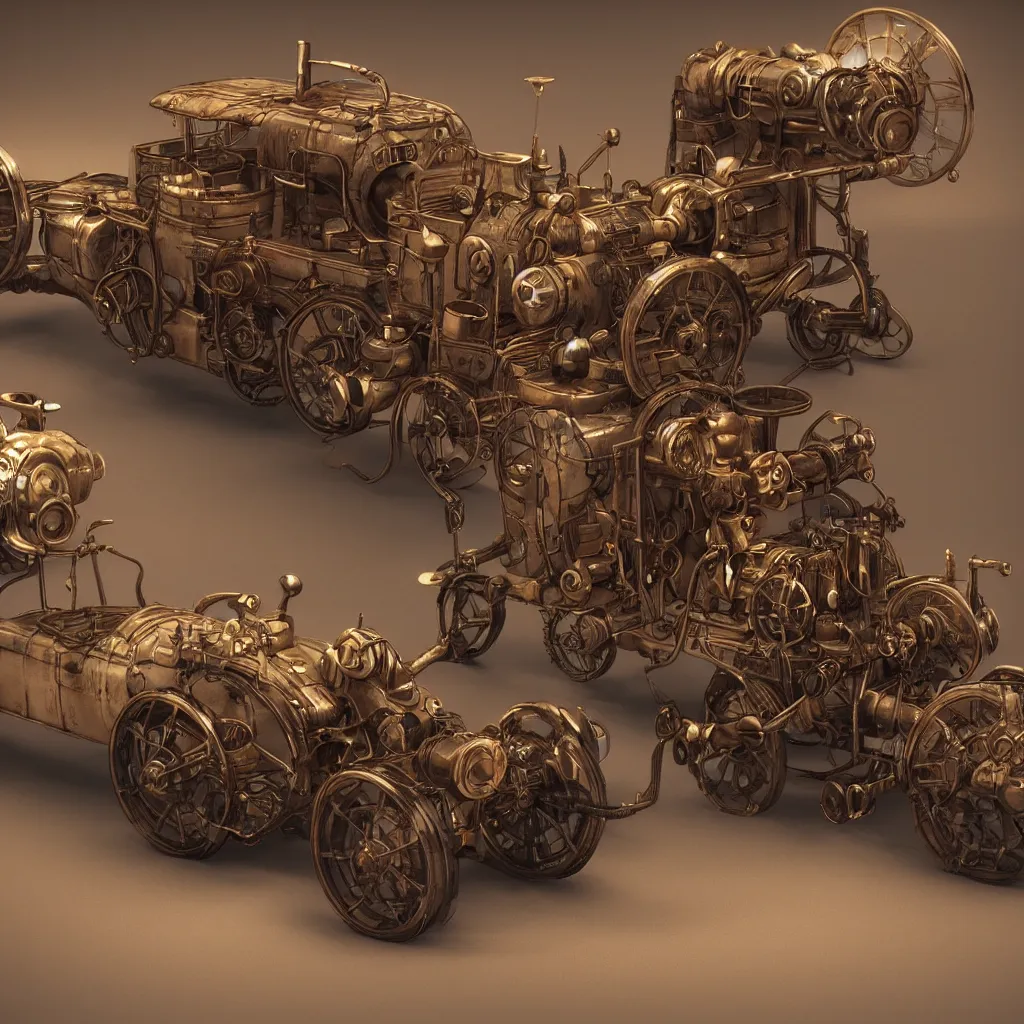 Image similar to steampunk style blender car, photorealistic, 3 d rendering, cute, unreal engine, bokeh