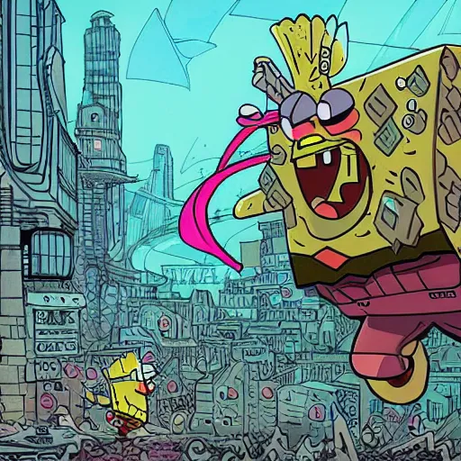Image similar to precisely drawn illustration of spongebob merged with conan, wide angle, sharp, fine details, french comic style, cyberpunk, intense line art, 8 k, precise linework, realistic, shaded lighting, rutkowski and heavy metal comics and moebius