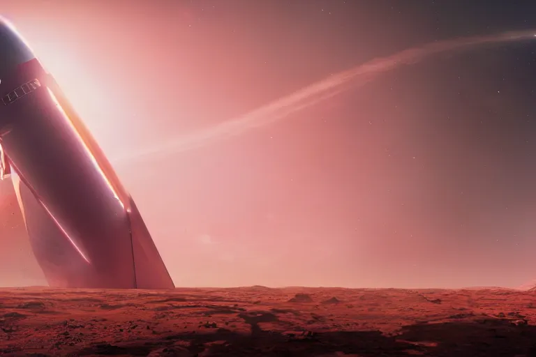 Image similar to spacex starship lifting off from the surface of mars, hazy, pink sky, cinematic, photorealistic, 4 k