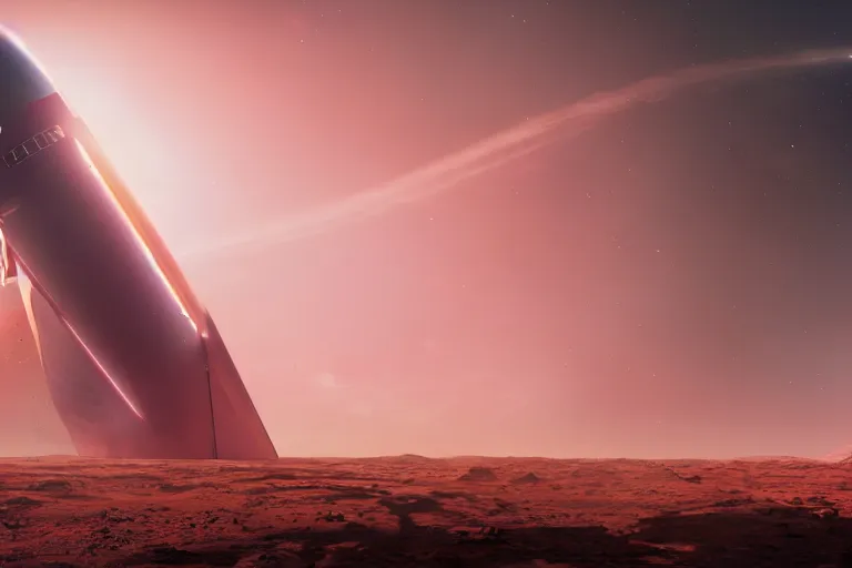 Prompt: spacex starship lifting off from the surface of mars, hazy, pink sky, cinematic, photorealistic, 4 k