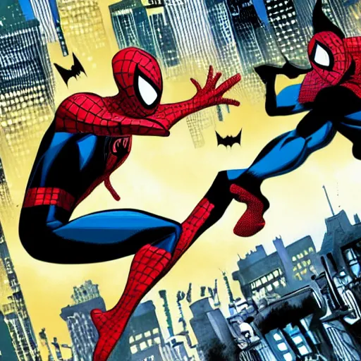 Image similar to Spiderman and Batman fighting.