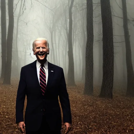 Image similar to joe biden standing ominously far in the foggy woods with a demonic wide smile in his face in the new horror movie, creepy