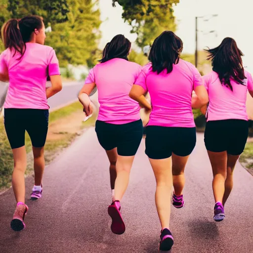 Prompt: group of woman running with pink t-shirts view from behind, front lit, cinematic, epic, 50mm