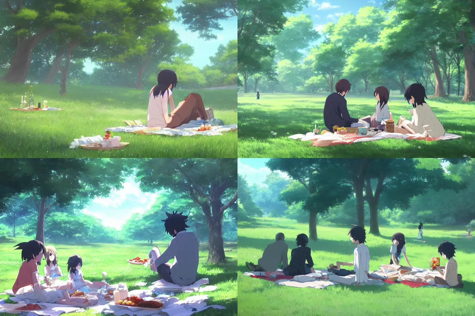 Prompt: a picnic in the park by makoto shinkai