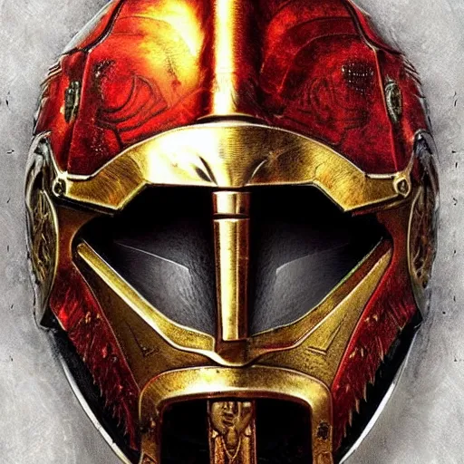 Image similar to “portrait of a spartan helmet battle damaged gold red crest dark night artwork detailed intricate”