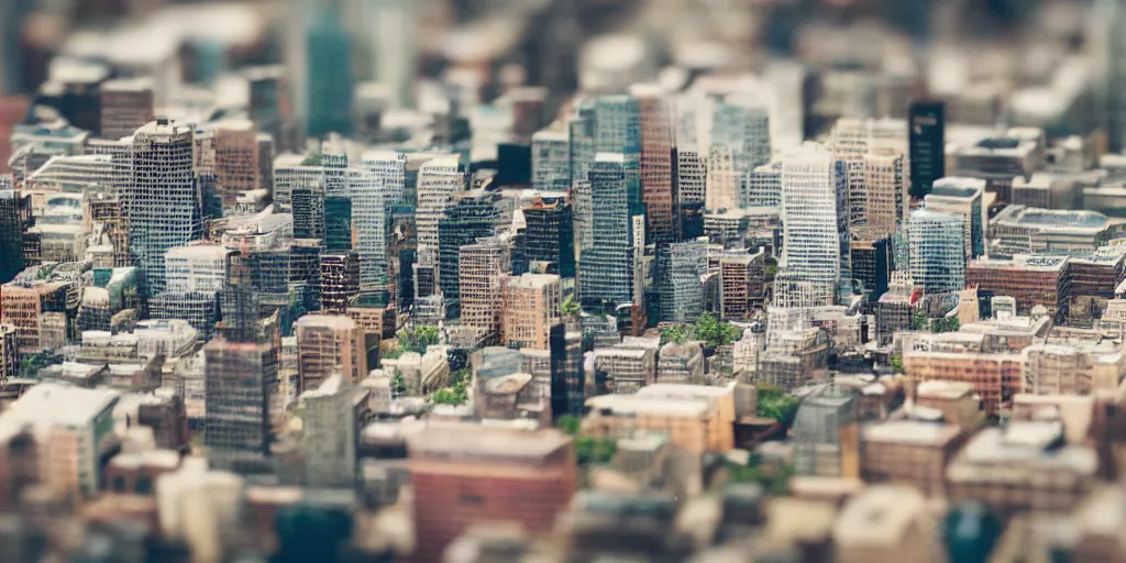 Image similar to a miniature diorama of downtown montreal, macro photography, tilt shift