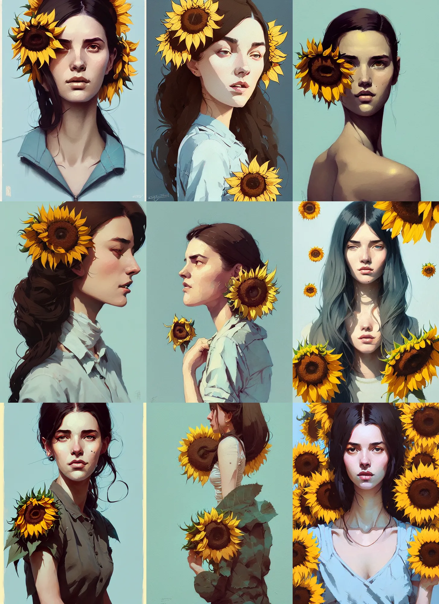 Prompt: highly detailed portrait woman with sunflowers, by atey ghailan, by greg rutkowski, by greg tocchini, by james gilleard, by joe fenton, by kaethe butcher, gradient light blue, brown, blonde cream and white color scheme, grunge aesthetic