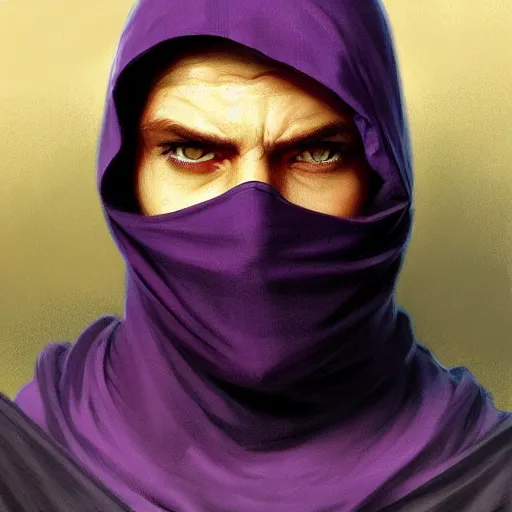 Image similar to ultra realistic illustration, man in a black hood, in a striped purple balaclava, mysterious, highly detailed, digital painting, artstation, concept art, smooth, sharp focus, illustration, art by artgerm and greg rutkowski and alphonse mucha