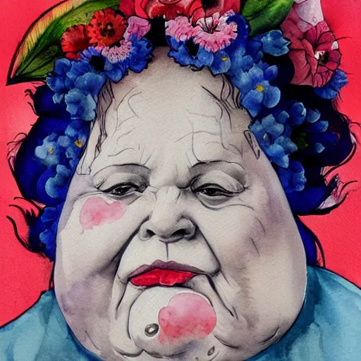 Image similar to of a very funny graffiti style watercolor painting of a sweet fat old woman is in love with her self. flowery dress. symmetrical face, red mouth, blue eyes. a flowery dress. deep focus, lovely scene. a very funny and sweet picture. unreal engine. pencil and ink. goya painting style.