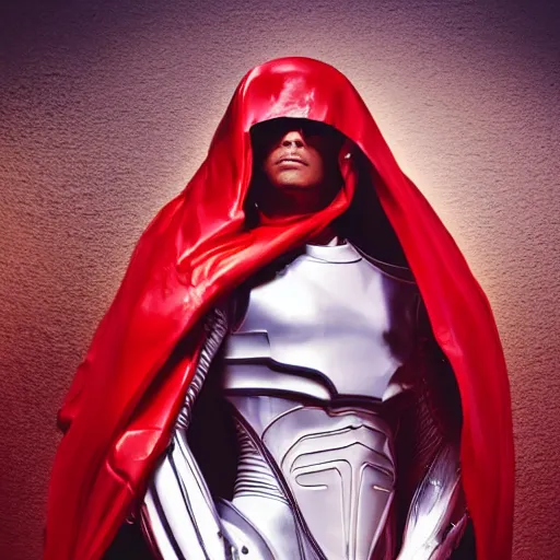 Image similar to portrait of a tall athletic muscular infantry man in glossy sleek white armor with tiny red details and a long red cape, heroic posture, on the surface of mars, night time, dramatic lighting, cinematic, sci-fi, hyperrealistic, movie still