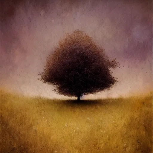 Prompt: lone tree on hill by cy Twombly and BASTIEN LECOUFFE DEHARME, iridescent, volumetric lighting
