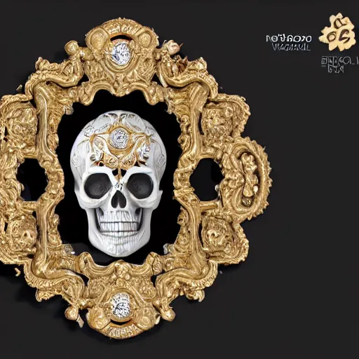 Prompt: a portrait of a beautiful ornate and intricate rococo skull with diamonds in the eyesockets, with silver and gold details and diamonds inside a rococo frame, 4k, octane render, vray, unreal engine, photorealistic