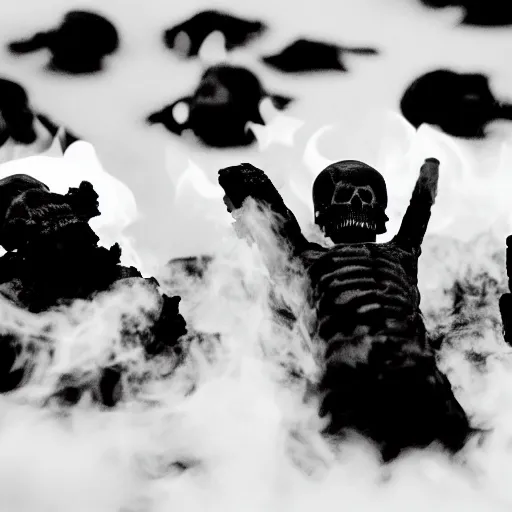 Prompt: Black skeletons burning in white fire, black and white image