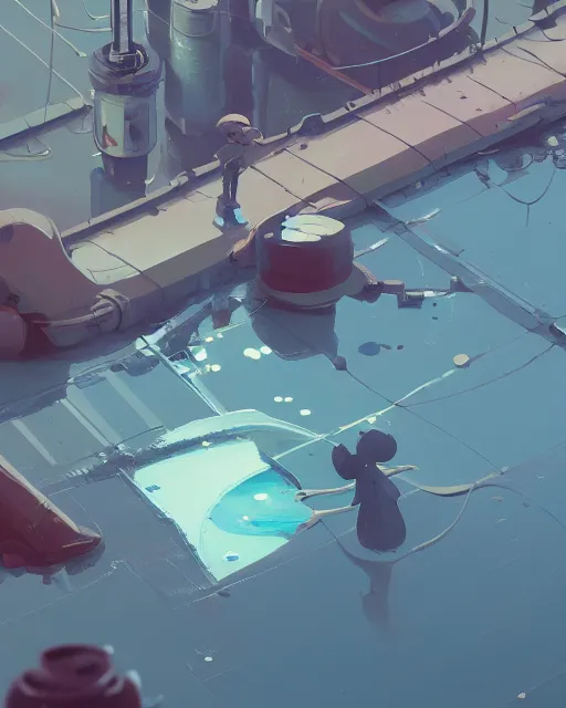 Image similar to a robot half sunken in a puddle, cory loftis, james gilleard, atey ghailan, makoto shinkai, goro fujita, character art, exquisite lighting, clear focus, very coherent, plain background, soft painting