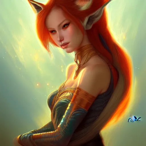 Image similar to fantasy portrait of fox-girl , by René Laloux, by ross tran