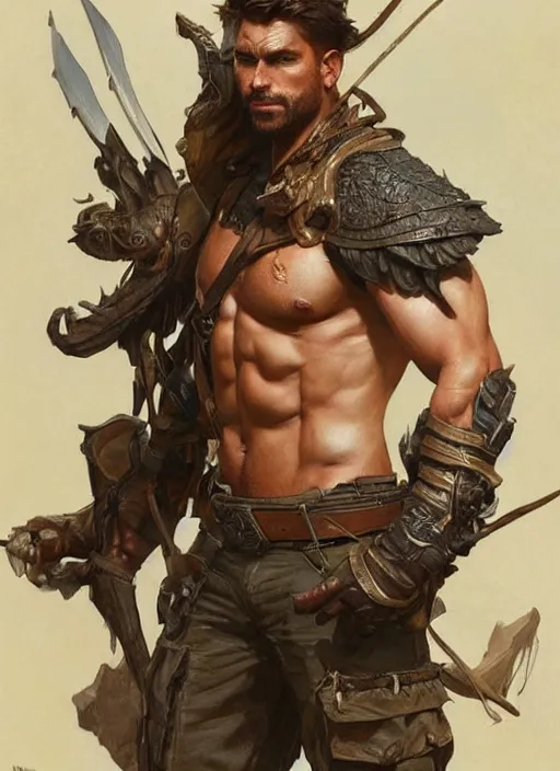 Image similar to Rugged ranger, male, man, D&D, muscular thighs, fantasy, intricate, elegant, highly detailed, digital painting, artstation, concept art, smooth, sharp focus, illustration, art by artgerm and greg rutkowski and alphonse mucha