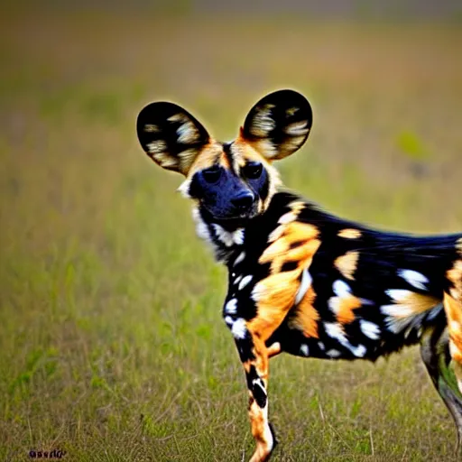 Image similar to A photo of the world's greatest showman: the african wild dog dressed in a hat!