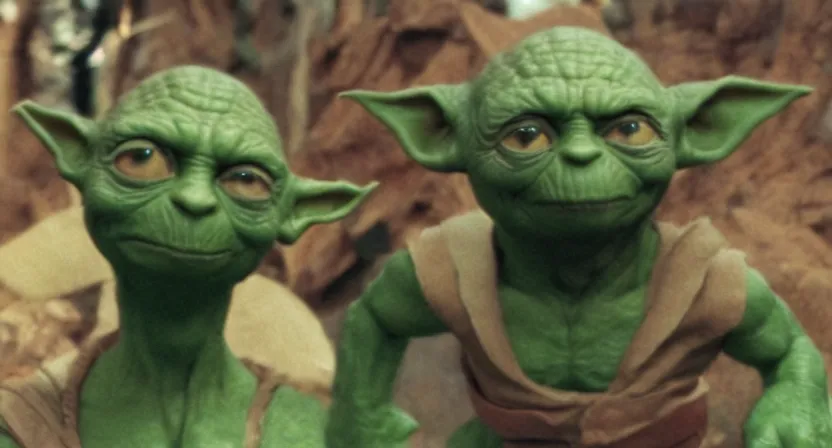 Image similar to a mix between Hulk and Yoda and Dobby and Gollum fighting robots, center frame medium shot, shot on technicolor cinemascope 35mm anamorphic lense, flare