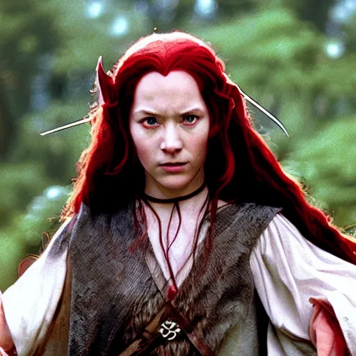 Prompt: a still from “ lord of the rings ” of a head and shoulders 3 5 mm photo portrait of a female red - skinned winged tiefling warlock, photo by phil noto