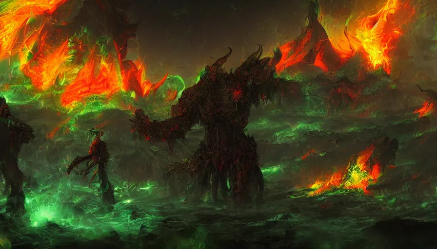 Image similar to Digital painting of Hell with green flames, a giant demon far behind and dead people walking around, hyperdetailed, artstation, cgsociety, 8k