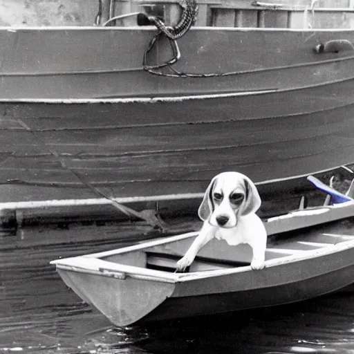 Image similar to a beagle building a boat in a bay