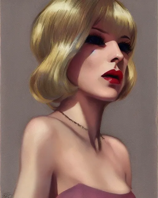 Image similar to portrait 1 9 6 0 s elegant blonde beautiful mod girl, long straight 6 0 s hair with bangs, in a miniskirt, glam, groovy, by brom, tom bagshaw, sargent