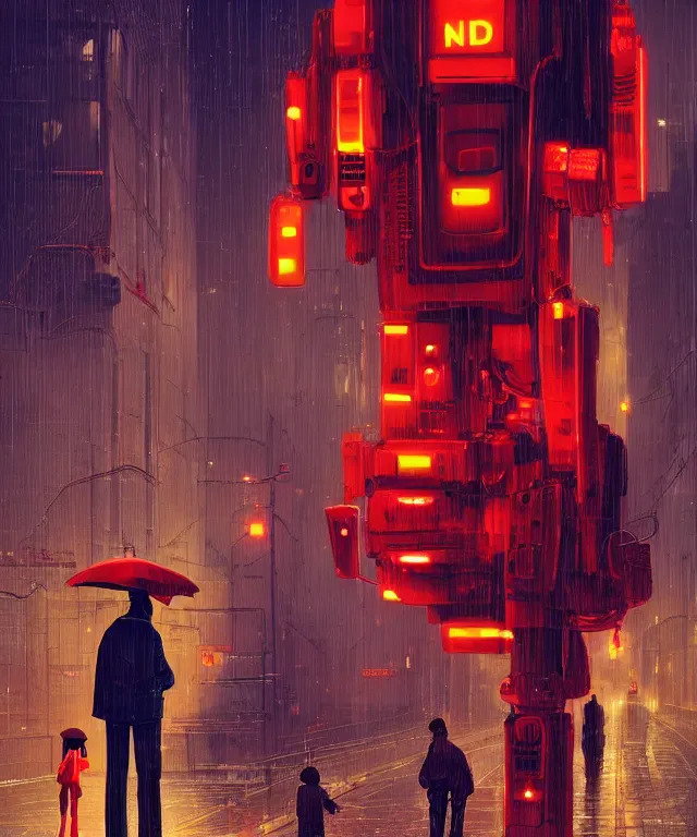Image similar to big red robot waiting in street from paris or neo tokyo , humid ground, people and creatures walking holding neon ombrellas, volumetric light, bokeh light from top, science fiction elements, rainy mood, artstation, art by françois schuiten and moebius and pascal campion