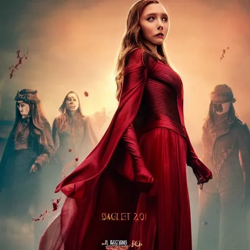 Prompt: movie poster'the scarlet witch'starring elizabeth olsen [ wearing dark makeup ]!!, 4 k quality, pinterest movie cover, trending on unsplash