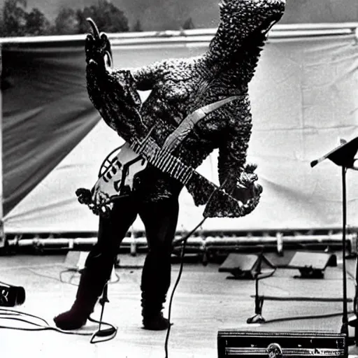 Prompt: a person in a Godzilla costume as Jimi Hendrix performing on stage at Woodstock, photo