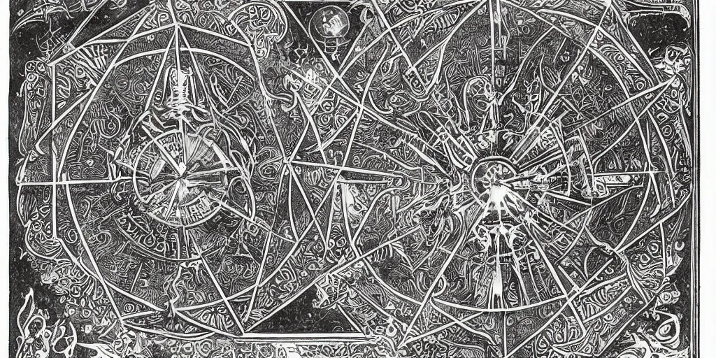 Image similar to Detailed pages from a forbidden ancient book, infographics, grimoire, ink illustration, sketching, accurate, realistic, composition, white paper, black ink, neon ink, informative graphs and diagrams, insanely detailed and intricate, sacred geometry, occult, malice, witchcraft, portals,