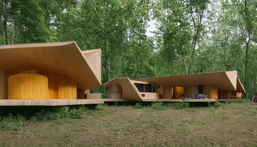 Image similar to A unique innovative and creative eco community of small affordable and contemporary creative cabins in a lush green forest with soft rounded corners and angles, 3D printed line texture, made of cement, connected by sidewalks, public space, and a park, Design and style by Zaha Hadid, Wes Anderson and Gucci