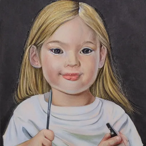 Image similar to 4 year old blonde girl with iphone colored pencil on white background by eloise wilkin