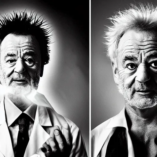 Image similar to !dream the roll of Rick Sanchez will be played by Bill Murray, spikey hair, white lab coat, photography