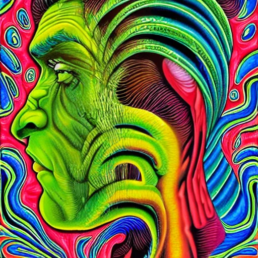 Image similar to the incredible hulk becomes a fractal, painted by alex grey. psychedelic visionary art