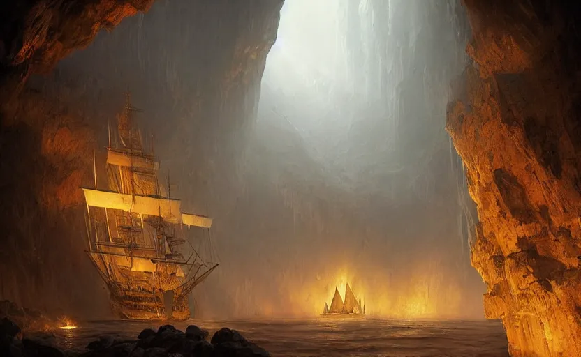 Prompt: A big galleon ship, three masts, front and center, in a cave. Underexposed, dark, pyramidal composition. Atmospheric matte painting by Darek Zabrocki and Christophe Vacher