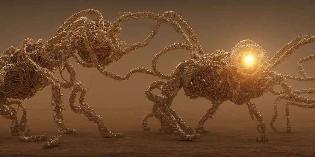 Image similar to A George Miller film, an ornate real character made out of intricate metallic filament webs and Endocrine system built out of dust and light, floating in the desert night, hyper-realism, very detailed feel, rendered in Octane, tiny points of light, caustic, 4k, beautiful lighting