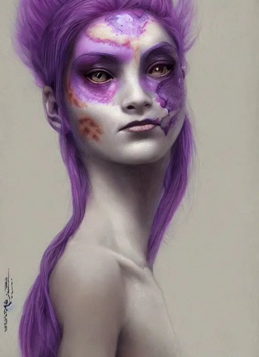 Image similar to a detailed facial portrait of a female nekomata with purple hair and orange eyes, a beautiful face, mutation, by tom bagshaw, by dorian cleavenger, zdzisław beksinski, bastien lecouffe - deharme trending on artstation