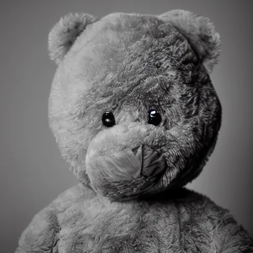 Image similar to ( ( ( ( the face of kanye west ) ) ) ) wearing teddy bear costume at 4 2 years old, portrait by julia cameron, chiaroscuro lighting, shallow depth of field, 8 0 mm, f 1. 8