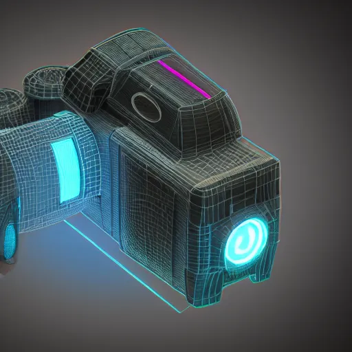 Prompt: a futuristic cyberpunk neon mechanical camera, 3d render, realistic