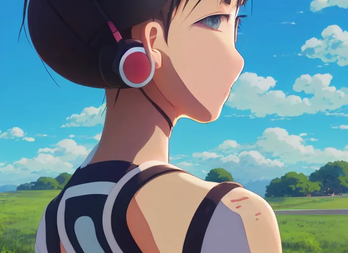 Prompt: portrait of cute girl riding road bike, sunny sky background, lush landscape, illustration concept art anime key visual trending pixiv fanbox by wlop and greg rutkowski and makoto shinkai and studio ghibli and kyoto animation, symmetrical facial features, sports clothing, kask protone icon, nike cycling suit, backlit, aerodynamic frame