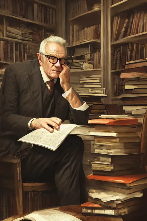 Prompt: portrait of an older man sitting behind a big desk, he is wearing glasses, there are a lot of books laying around, style of greg rutkowski