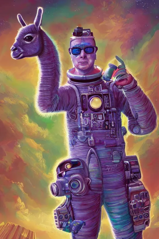 Image similar to A Retropunk Naturewave Defender, Astronaut Llama, beautiful realistic cinematic portrait, llama superhero character llama fashion design, by David Heskin and Paul Lehr and Josan Gonzalez and llama, Russell Mills and Igor Kieryluk, Artgerm, WLOP, 8k, Hi-Fructose, masterpiece anthro illustration, daily deviation, llama