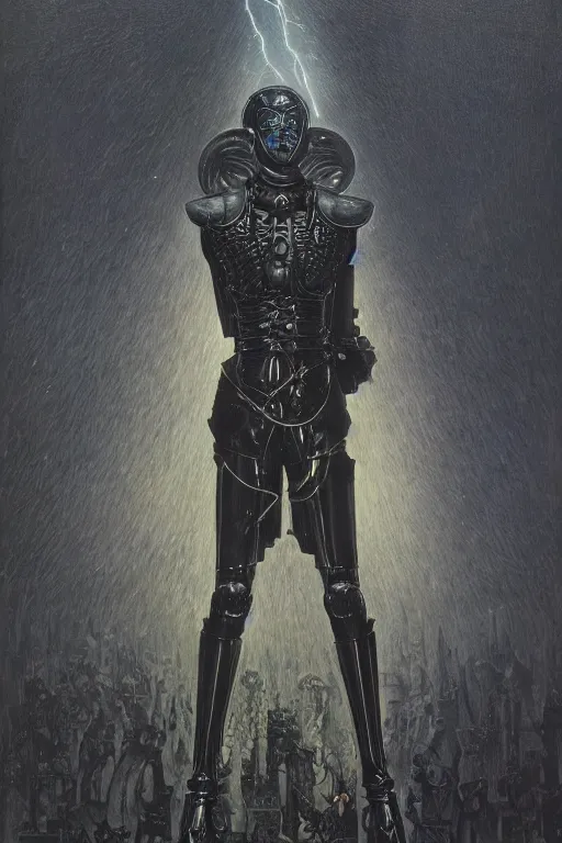 Image similar to portrait of beautiful gothic and futuristic young man, warhammer, cyber armor, a lot of more and more scars, thunderstorm and fire, black head, the middle ages, highly detailed, artstation, illustration, more and more composision, 8 k quality, art by jean delville, rene magritte
