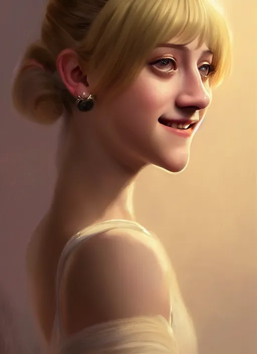 Image similar to portrait of lili reinhart with fluffy bangs, smiling kindly, bangs, 1 9 6 0 s, ponytail, fluffy bangs and ponytail, intricate, elegant, glowing lights, highly detailed, digital painting, artstation, concept art, smooth, sharp focus, illustration, art by wlop, mars ravelo and greg rutkowski