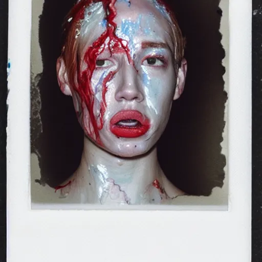 Image similar to a liquid white clay porcelain portrait of a face melt down flow go runny, body painted with a lot of white thick fluid, realistic detailed watercolor polaroid, grainy image, contrast