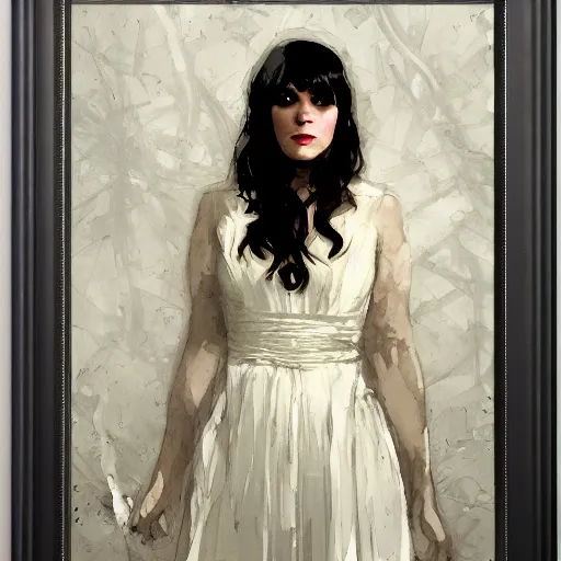 Image similar to zooey deschanel as john snow, intricate, elegant, highly detailed, greg manchess, mucha, liepke, ruan jia, jeffrey catherine jones, ridley scott