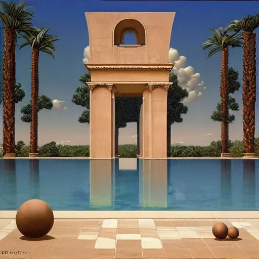 Prompt: David Ligare masterpiece, hyperrealistic surrealism, award winning masterpiece with incredible details, beautiful lighting, pool caustics, illuminated orbs, epic stunning, infinity pool, a surreal vaporwave liminal space, highly detailed, trending on ArtStation, broken giant marble head statue ruins, calming, meditative, geometric liminal space, palm trees, very vaporwave, very very surreal, sharp details