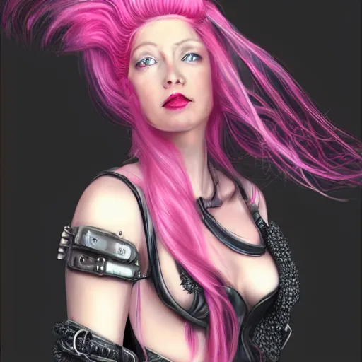 Image similar to a portrait of a steampunk woman with pink hair, digital art, hyperrealistic