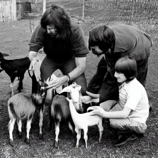 Prompt: 7 0 s picture of 4 guys woth bowlcuts feeding and petting a goat outside